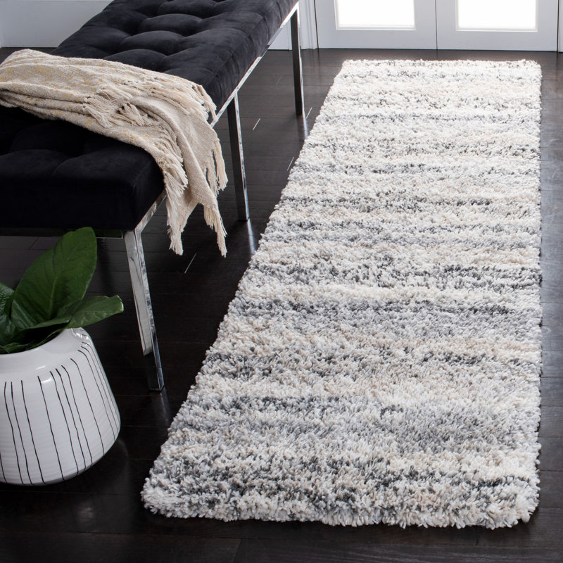 Ivory and Grey Hand-knotted Shag Runner Rug