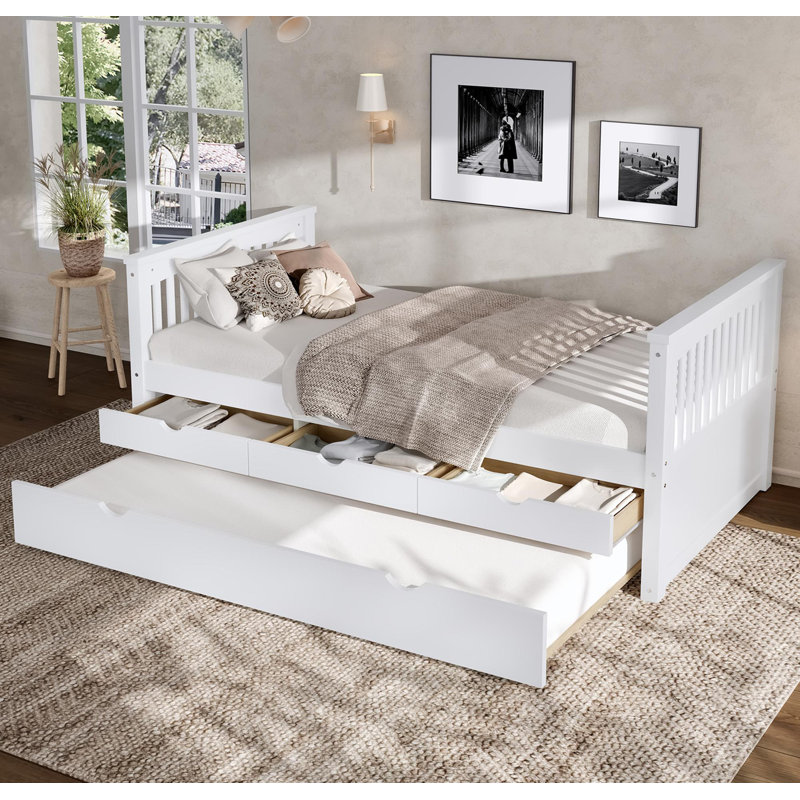 Lit plateforme simple avec tiroirs et lit gigogne, lit de jour en bois massif, sans sommier, blanc, Blanc