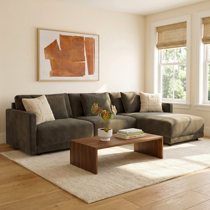 Kenji 2-Piece Upholstered Chaise Sectional, Right Hand Facing, Cream Performance Basketweave