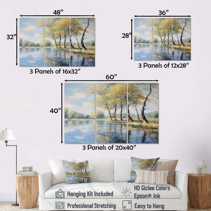 Arbres printaniers au bord de la rivière Country - ensemble d'art mural lac, H 28 po x l 36 po x P 1 po, Toile tendue
