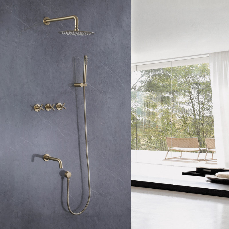 13.78" Wall Mounted Thermostatic Complete Shower System with Rough-in Valve, Brushed Gold