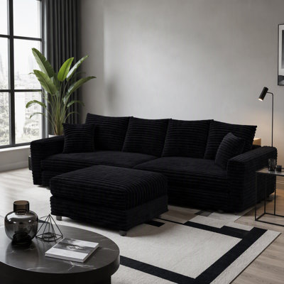 Canapé 102,4 po en velours côtelé 102,4 po, canapé-lit rembourré confortable et moderne, sièges profonds avec coussins moelleux et repose-pieds mobile, fauteuil convertible, noir