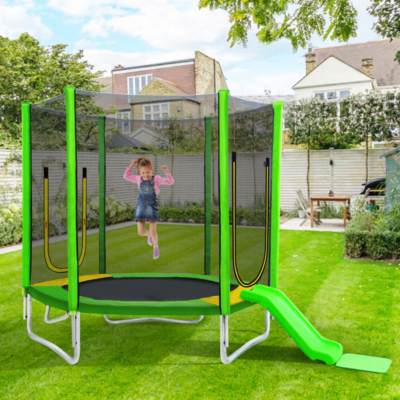 Trampoline d'extérieur polyvalent pour enfants avec caractéristiques de sécurité et de divertissement, Vert