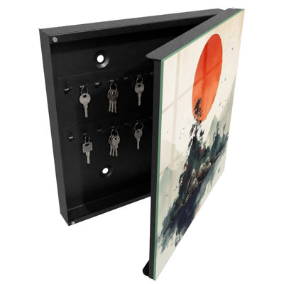 Key box for wall, Opens to the left, 30x30x5, White, Mountain island with a red sun, 