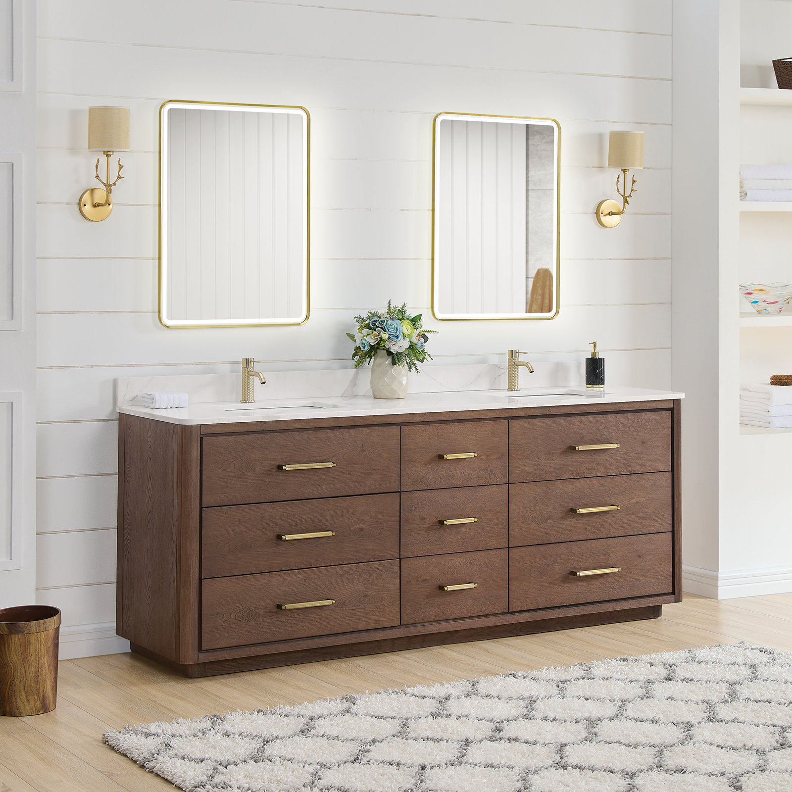 Porto 84'' Double Bathroom Vanity, Dark Brown Oak, Gold