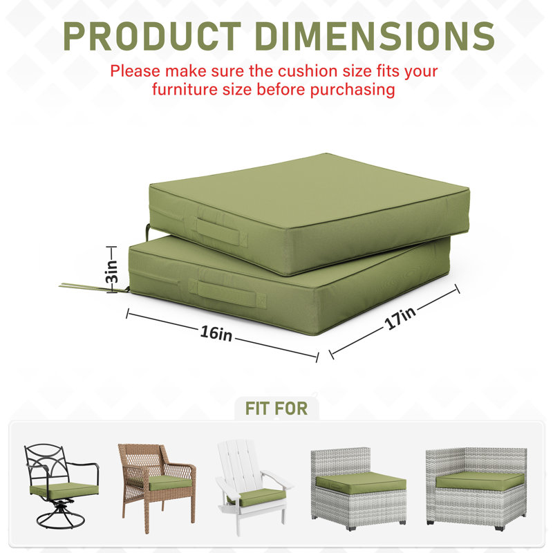 Coussins de siège d'extérieur (ensemble de 2), Vert clair, L 17 po x P 16 po, 3 pouces
