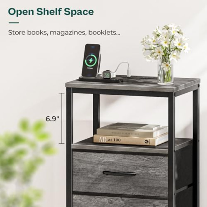Nightstand With Charging Station, Fabric Drawers, End Table With Open Shelf, Bedside Table With USB Ports And Outlets, Night Stand For Bedroom, Gray