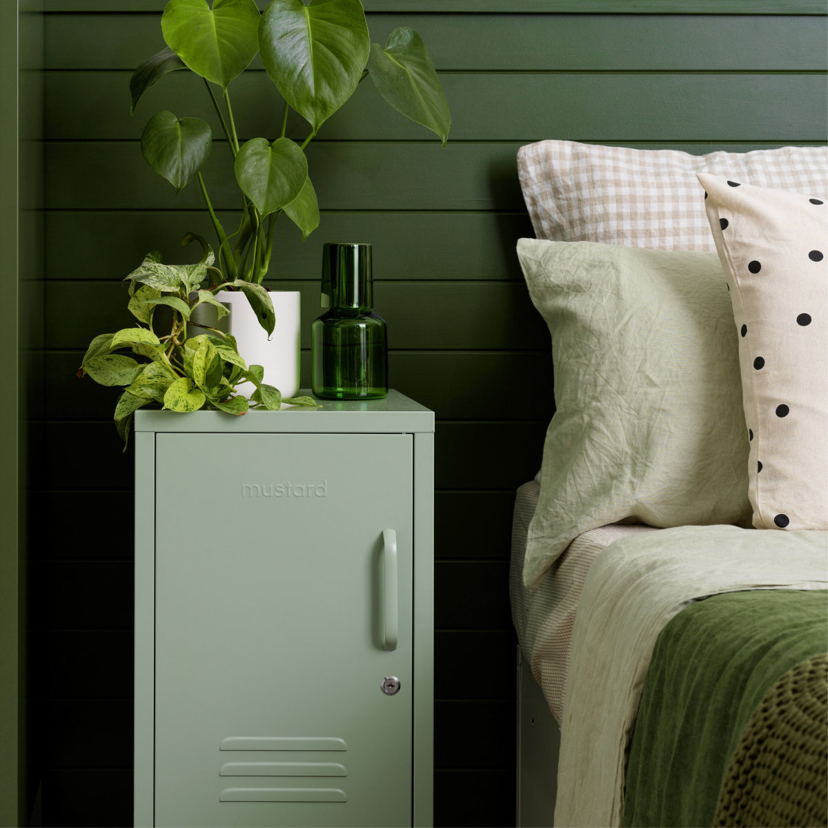 Mustard Made The Shorty Bedside Table Locker, To the left, Sage