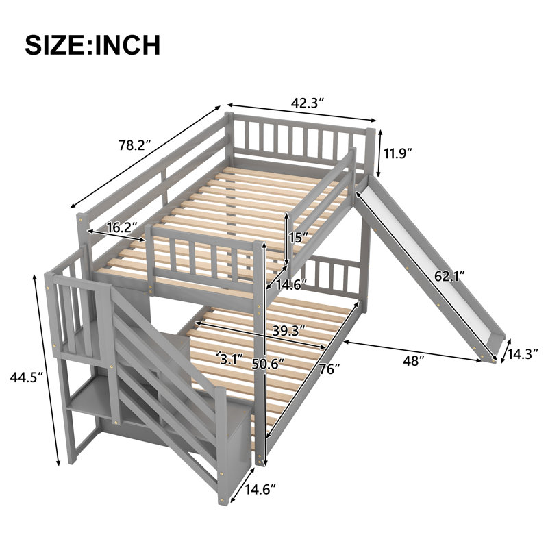  Lit superposé simple au-dessus de simple avec glissière convertible et escalier, gris, Gris