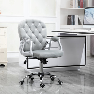 Velvet Office Chair In Gray, Thick Foam Padding, Adjustable Seat Height, Swivel Wheels, Gray For Home Workspace, Button , With Cushion, Rotation