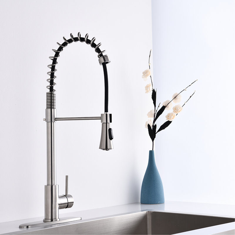 Commercial Kitchen Faucet With Brushed Nickel Finish - Single Handle Spring High Arc, Pull Down , To Deformation And Wear Arc In Spring, Chemicals Oxidation