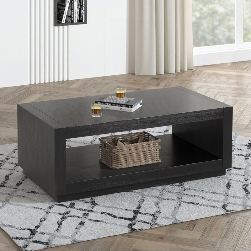 Table basse rectangulaire de style contemporain avec socle et tablette inférieure ouverte au fini noir, Noir