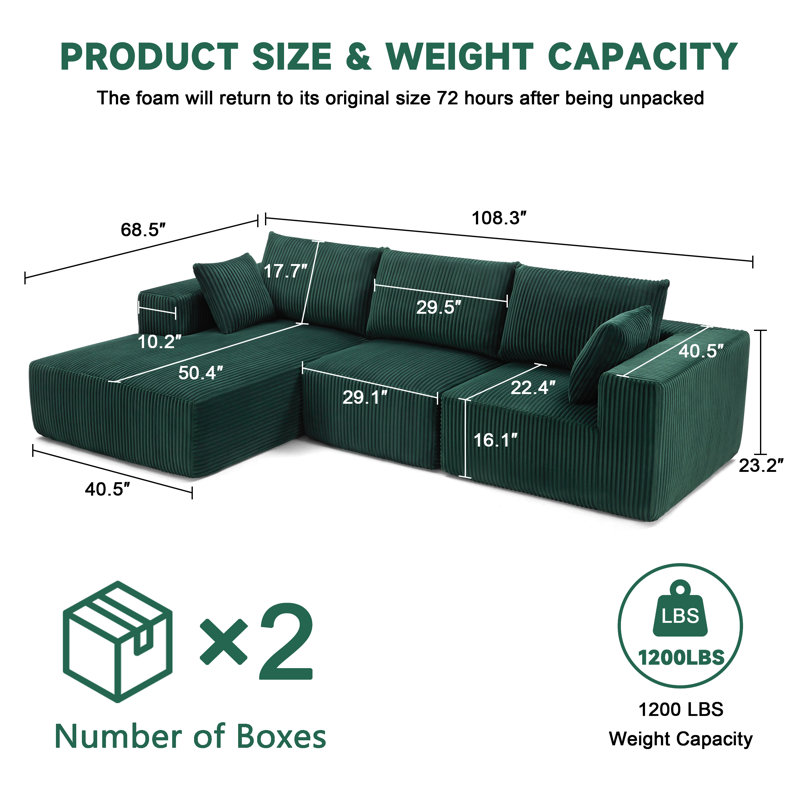 109" Modular Sectional Sofa With Deep Seat Boneless, Cloud Sectional Couch L-Shape For Living Room Bedroom - No Assembly Required