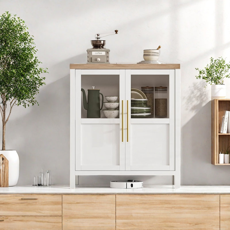 Armoire de rangement avec portes en verre, table de rangement d'appoint multifonctionnelle, Blanc