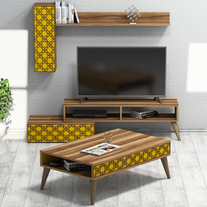 Dayna TV Stand for TVs up to 65", Yellow/Walnut