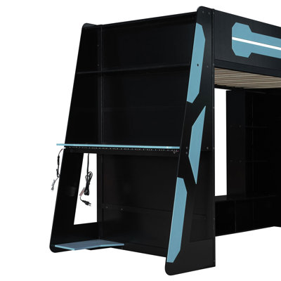Lit mezzanine simple en bois avec bureau, tablettes multiples et lumière RVB (bleu)