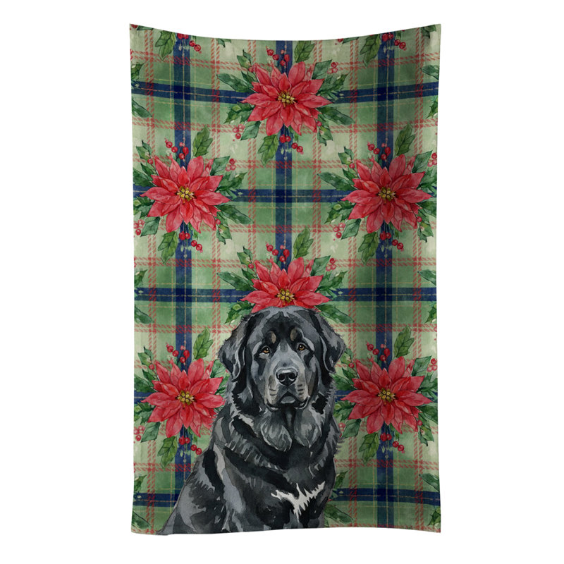 Black Tibetan Mastiff Christmas PoinsettIas Kitchen Towel, Black Tibetan Mastiff