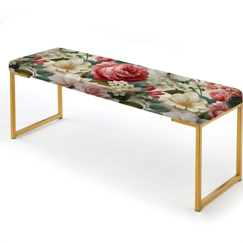 Floral Upholstered Gold Bench, Antique Rose Muted Green Garden
