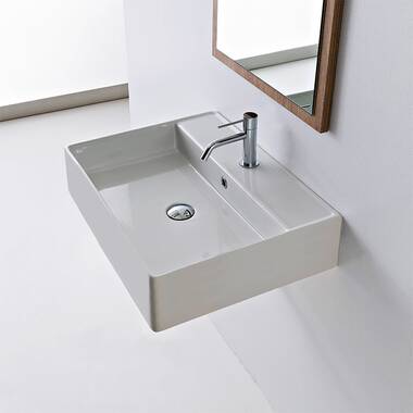 Wall Mounted Sink in Ceramic, Modern, Rectangular, 32, with Counter Space, Teorema 2 Scarabeo 5115 by Nameeks