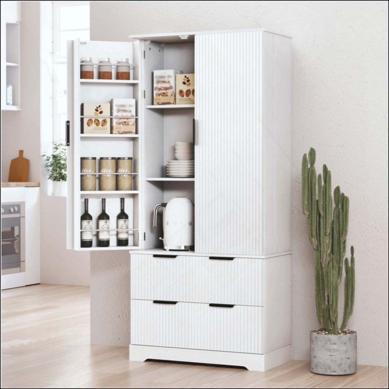 Armoire de cuisine moderne cannelée avec 2 grands tiroirs et 8 étagères à épices, organisateur de rangement autoportant pour salle de bain, salle à manger, bureau, entrée