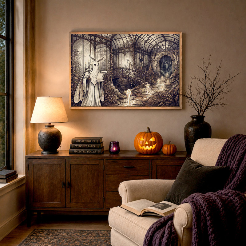 Esprits de papillons de nuit dans une serre vintage - Toile murale d'Halloween, H 36 po x l 48 po