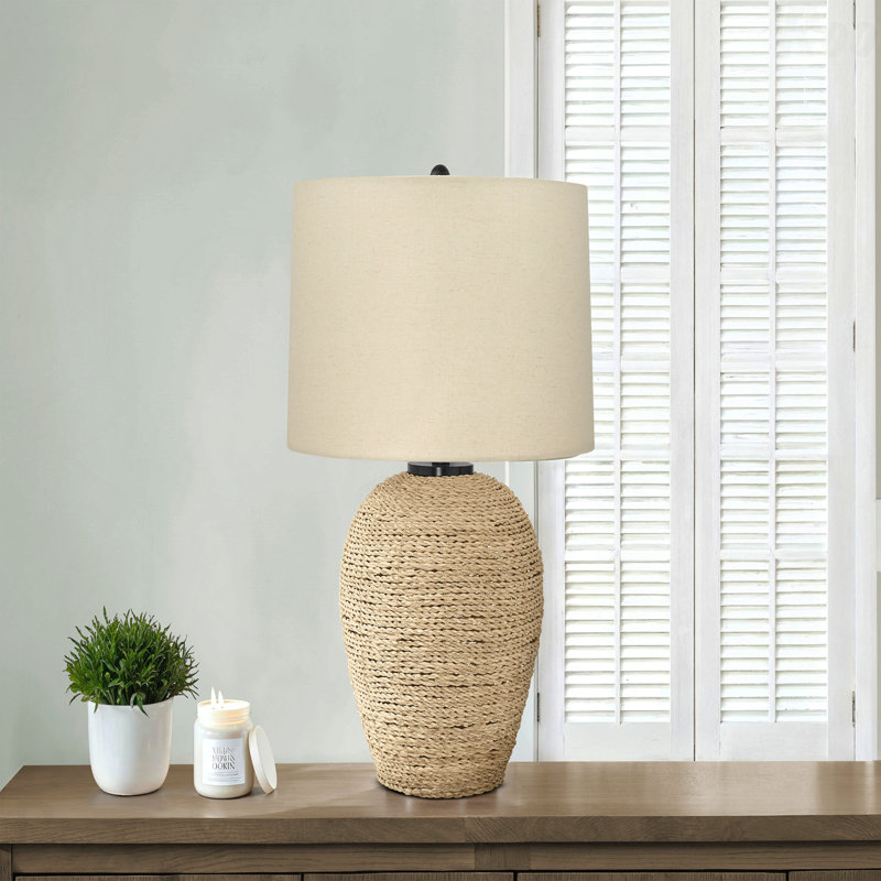 Table Lamp - 25" Rattan Table Lamp with Beige Linen Shade, Tropical Style