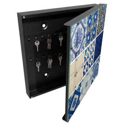 Wall mounted key box, Opens to the right, 30x30x5, White, Geometric tile patterns with a touch of blue, 