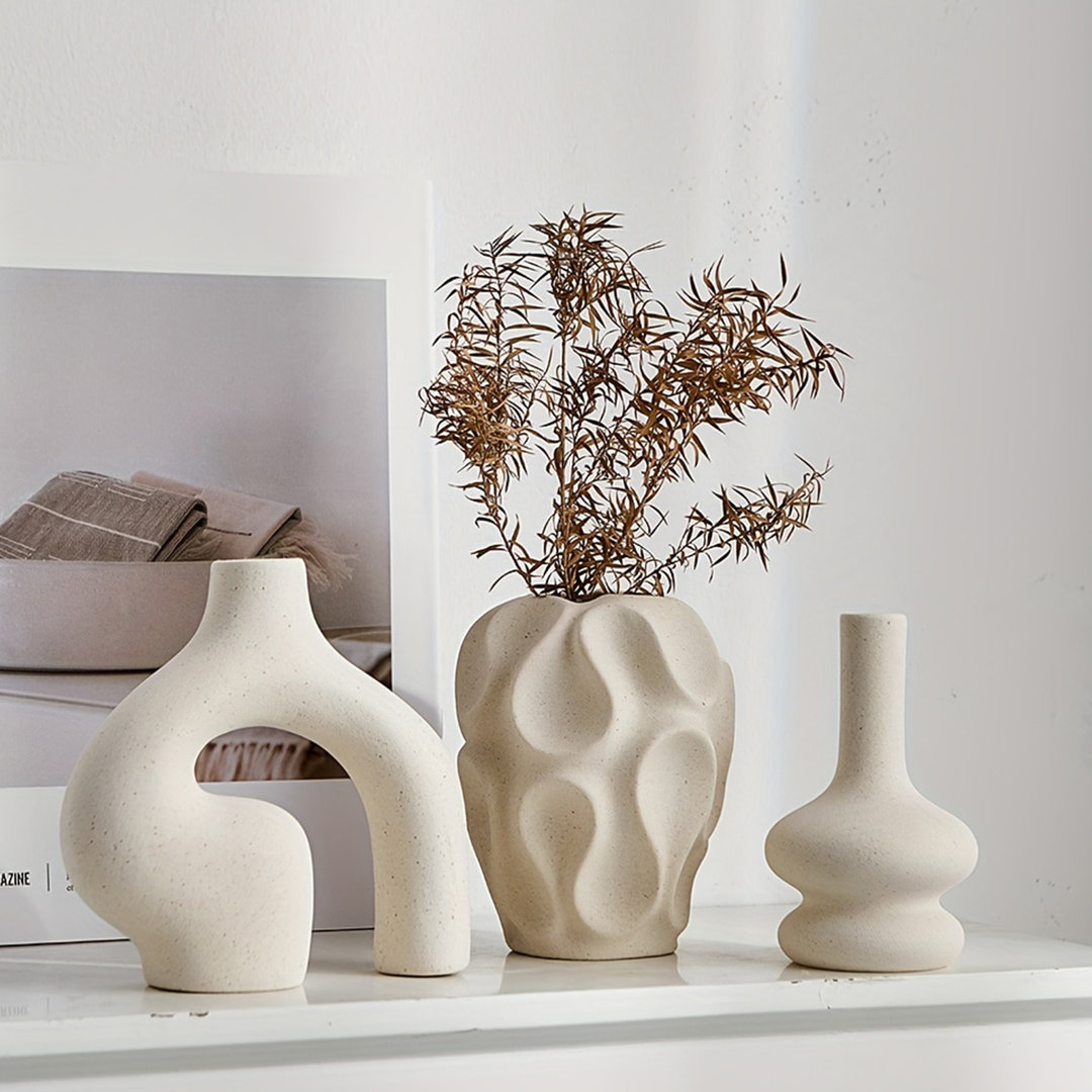 Ceramic Table Vase Set of 3, Nordic Boho Flower Vases  for Living Room Bookshelf Entryway