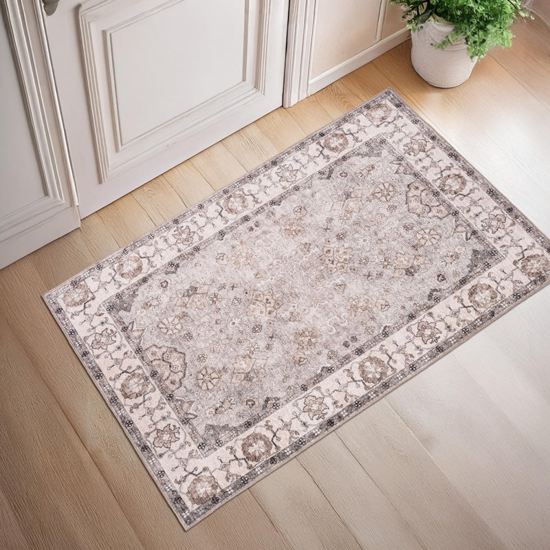 Emric Oriental Cotton Machine Printed Area Rug, Grey, Rectangle 80 x 150 cm