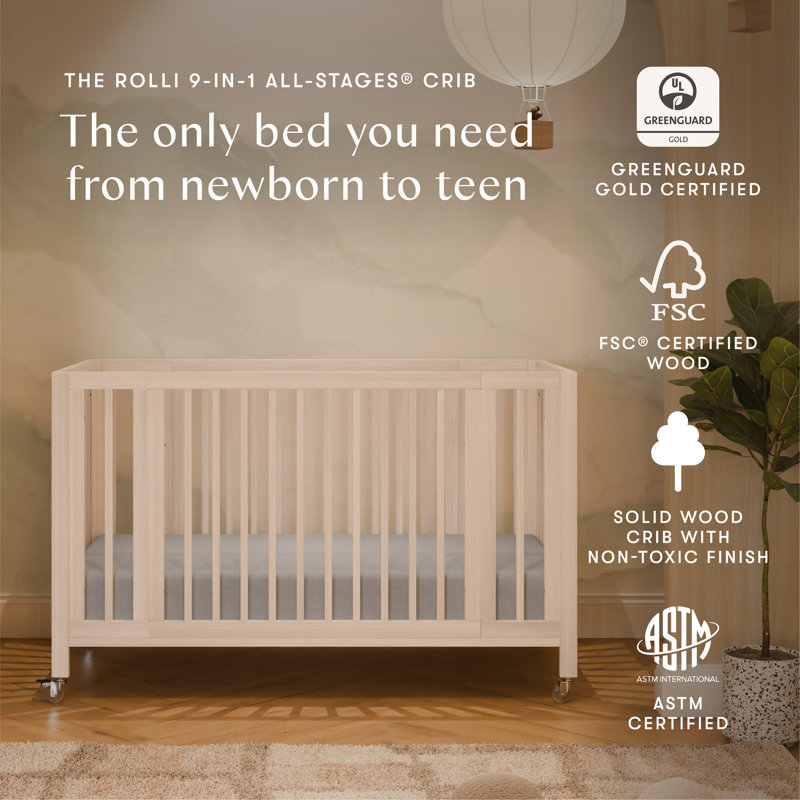 Rolli 9-in-1 Convertible All-Stages® Crib with Bassinet & Toddler Bed Conversion Kits, Washed Natural