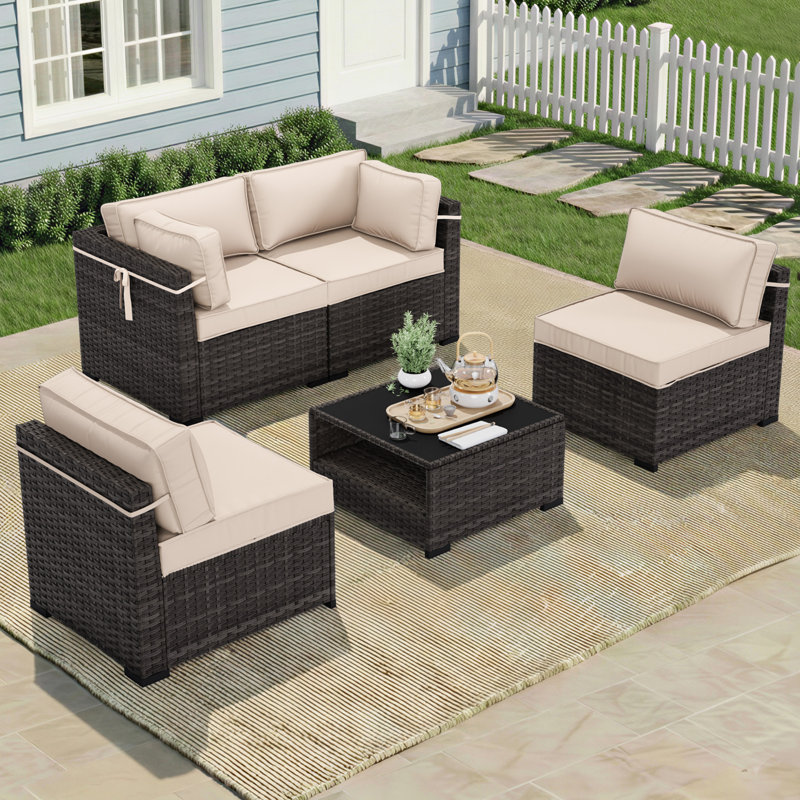 4-Person All-Weather Wicker Modular Patio Conversation Set with Thick Supportive Cushions, Beige