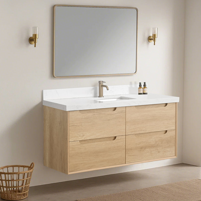 Armoire de salle de bain murale avec meuble-lavabo flottant en chêne naturel