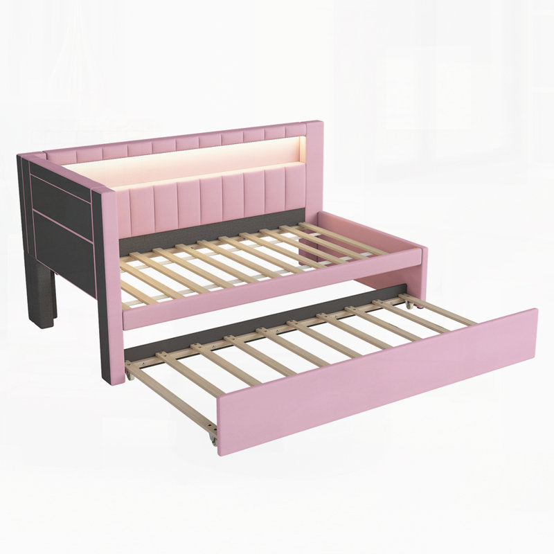 Lit plateforme tapissier avec ports USB et ceinture à DEL, avec lit gigogne, Twin, Pink
