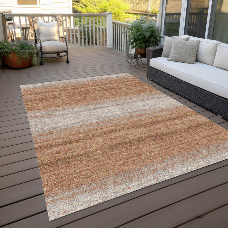 Copper and Beige 10' x 14' Synthetic Stripe Washable Rug
