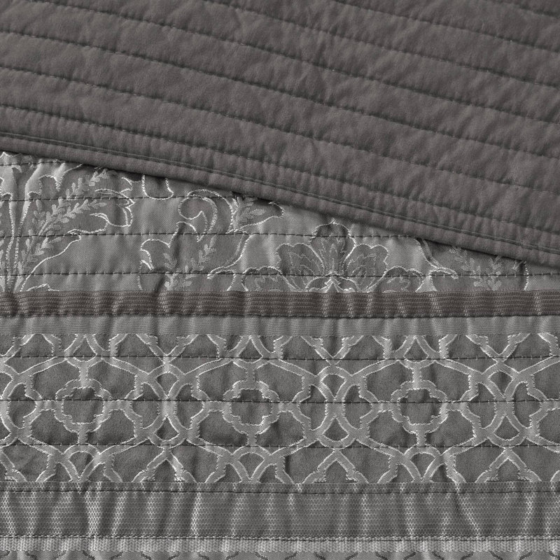 Ensemble de courtepointe en jacquard de six articles, Double / grand + 2 taies décoratives + 3 coussins, Gris