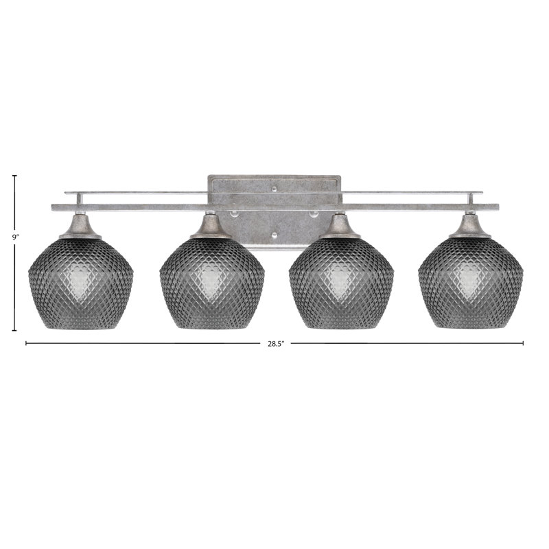 Uptowne 4 Light Bath Bar Shown In Aged Silver Finish With 6" Textured Glass, Smoke