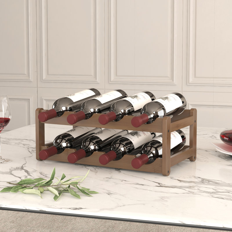 Casier à vin 8 bouteilles, meuble de rangement en bambou, étagère à poser sur une table.