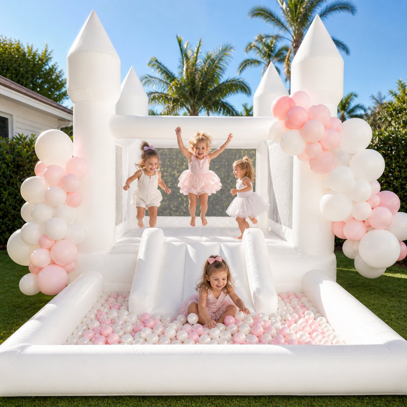 13' X 8' White Bounce House With Slide & Ball Pit & Air Blower