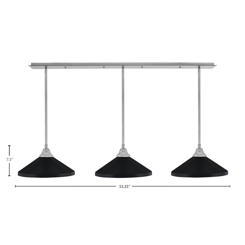 Luminaire suspendu linéaire à 3 lumières suspendu au fini nickel brossé avec abat-jour conique en métal de 14 po, Noir mat