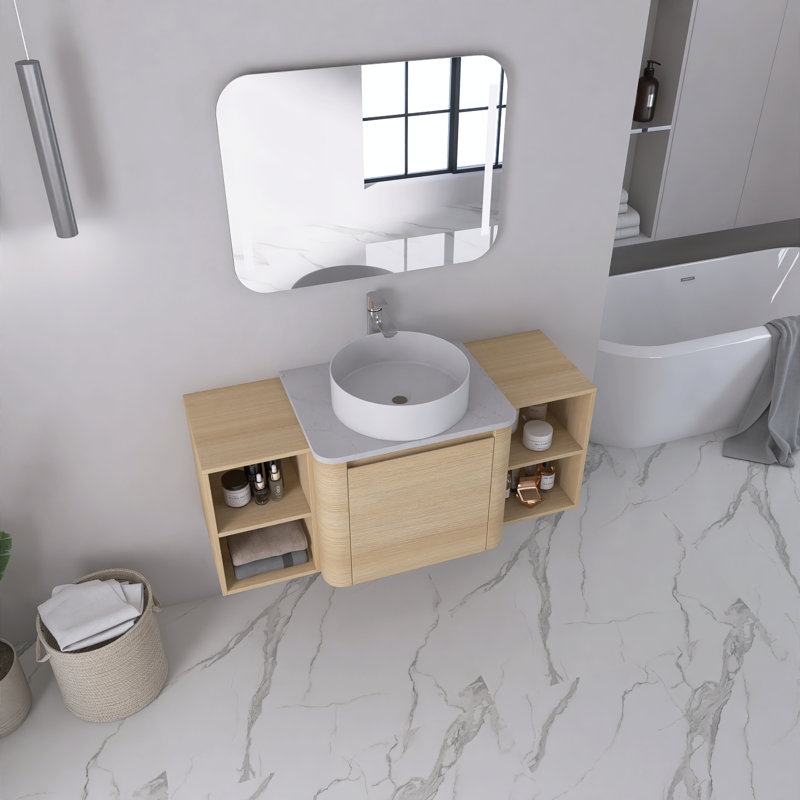 Meuble-lavabo mural 48 po avec lavabo d'art en céramique et 2 tablettes de rangement, chêne blanc américain, Blanc