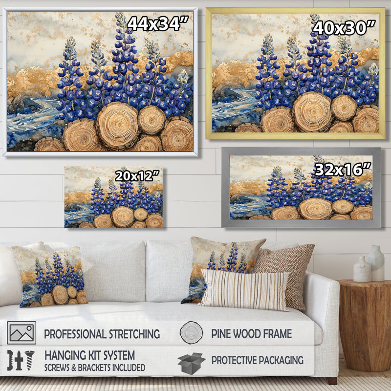 «Jabien Blue Bonnets Flowers On A Wood Slide Landscape I - Blue Bonnets Large, art mural», Noir, H 12 po x l 20 po