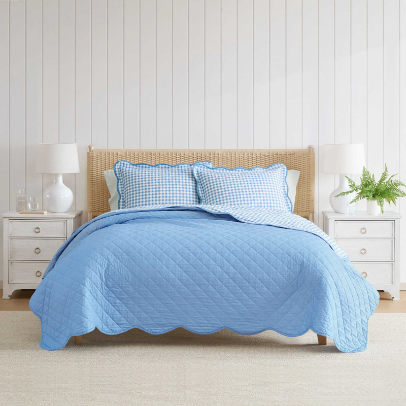 Martha Stewart Olivia Gingham Cotton Reversible Blue Quilt Set, Blue, Queen Quilt + 2 Standard Shams