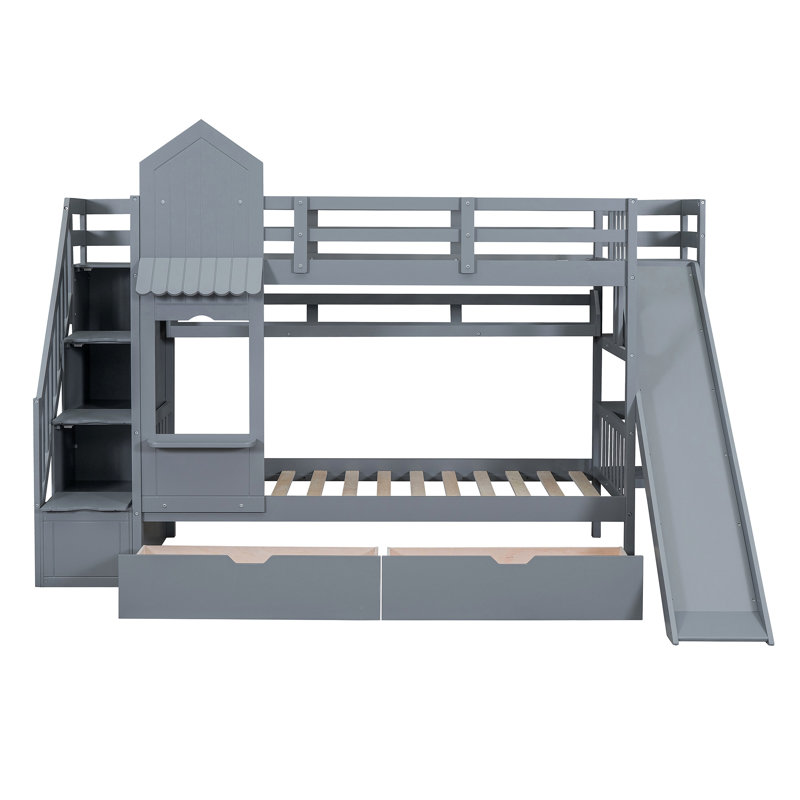 Lit superposé de style château avec 2 tiroirs, 3 tablettes et glissade, Gris, Simple sur simple