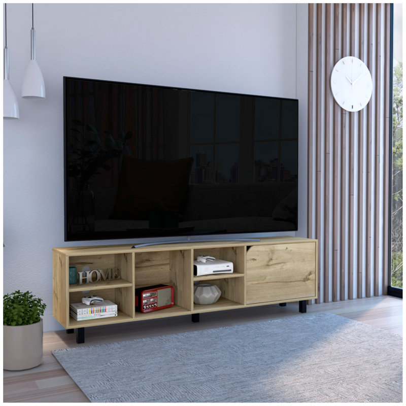 Meuble télé pour téléviseur de 70 po ou plus Conquest, quatre tablettes ouvertes, cinq pieds, chêne clair