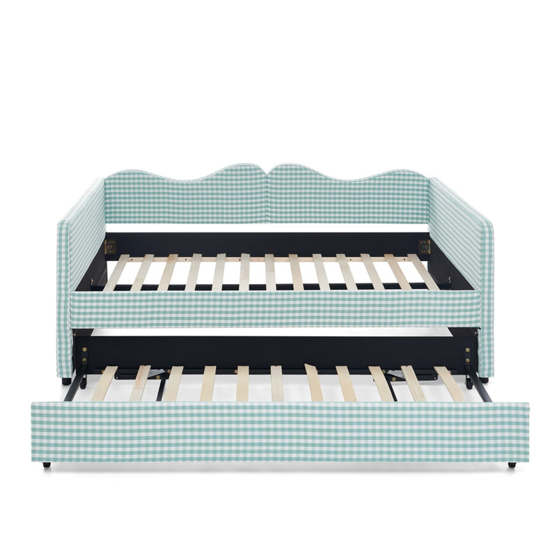 Lit de jour pleine grandeur, lit de jour en tissu d'ameublement Gingham équipé d'un cadre de lit gigogne escamotable et d'une poche de rangement latérale