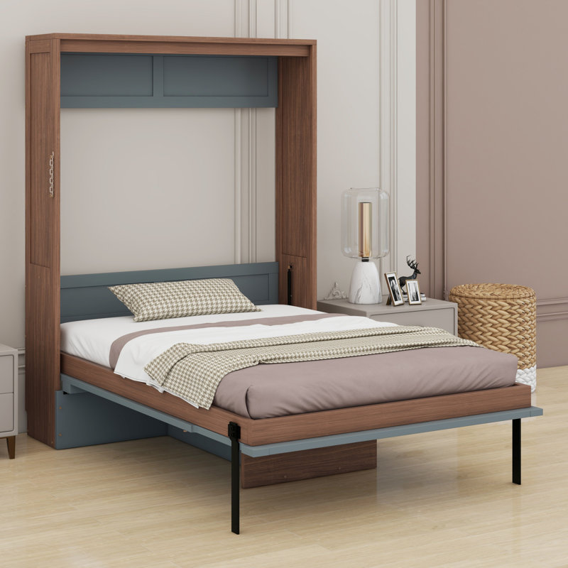 Lit escamotable avec bureau escamotable Murphy, Noyer / gris