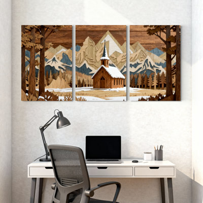 «Landscape & Nature Wooden Mountain Church Winter Landscape», ensemble de 3 impressions sur toile