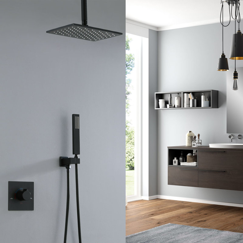 Ceiling Mounted Shower System With Handheld Shower Single Handle Shower Faucet Set Modern Brass Rain Shower Trim Kit With Rough-In Valve