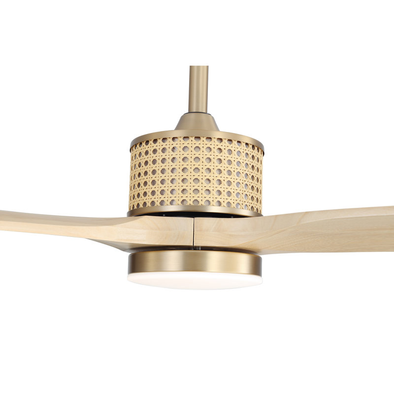 52 po Ventilateur de plafond 3 pales en bois massif avec lumière DEL, Or avec pales à grain de bois