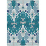 HomeRoots 9' X 12' Teal Blue Navy Blue And Gray Ikat Washable Indoor Outdoor Area Rug